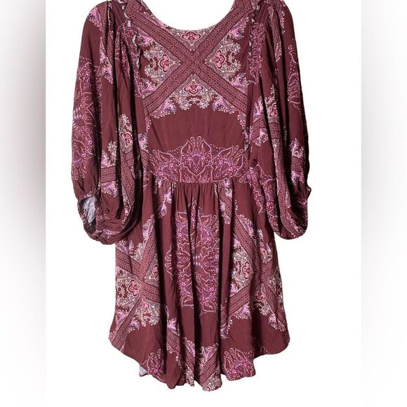 Free People Sz Sm Maroon Floral Girl Talk Printed Oversized Tunic Top Blouse - Picture 5 of 8